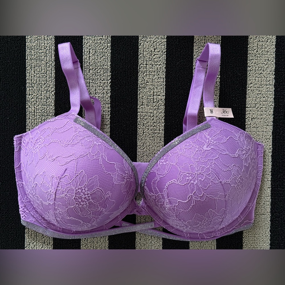 Victoria’s Secret Push-Up Bra Lavender Lace Rhinestone Trim 36G